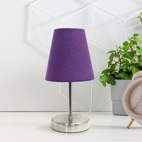 Nauru 10.5in Petite Metal Stick Bedside Table Lamp In Sand Nickel With Fabric Empire Shade, Purple